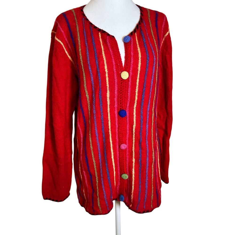 Handmade Peruvian 100% Alpaca Wool Sweater Art to Wear Red Multi Color Stripe